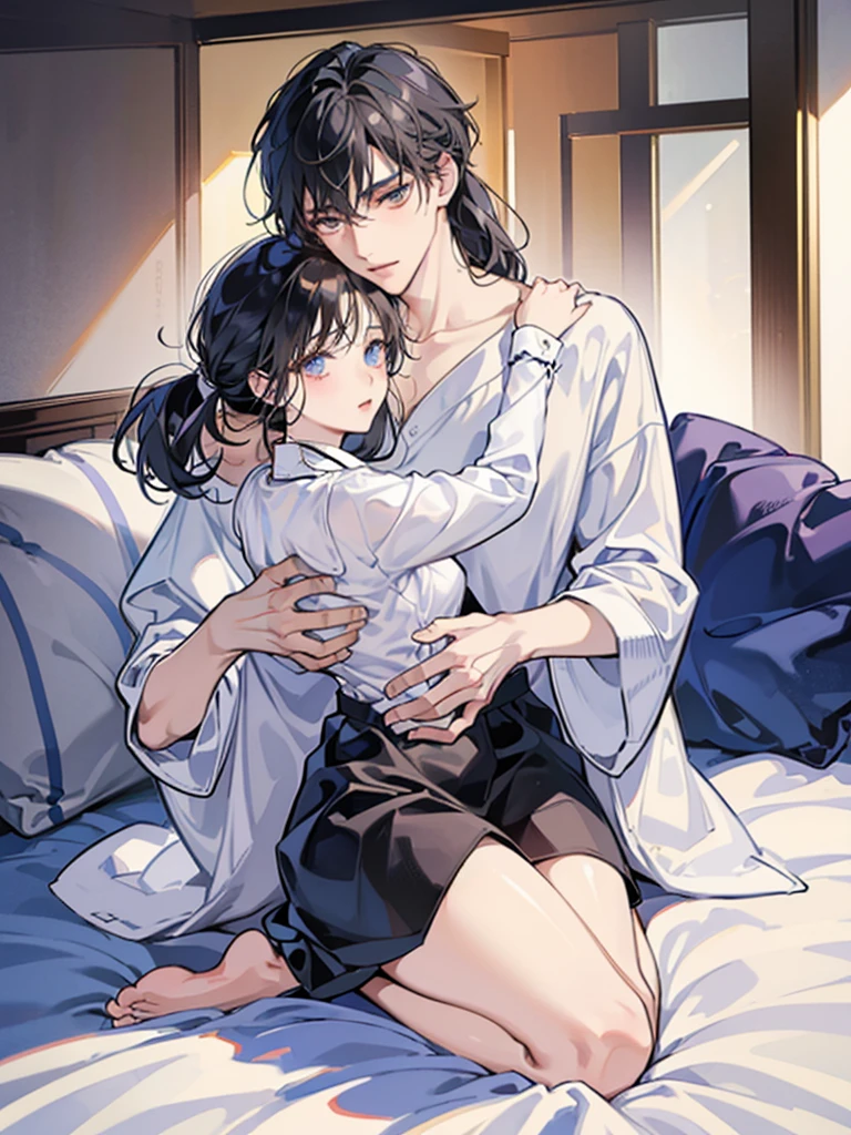 college student couple、Lovers、black hair girl、cute、droopy eyes、hug、tall man、Handsome guy、detailed face、バックhug、pajamas、white clothes、A woman sits on a man's lap、smile