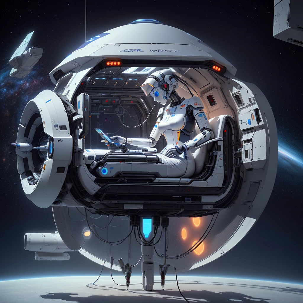 There is an AI robot nurse in the spaceship giving injections to patients in the white ward 3D render，Surrealism, Depicted as a science fiction scene, daily art, Space travelling, In spaceships, masterpiece, of Space travelling