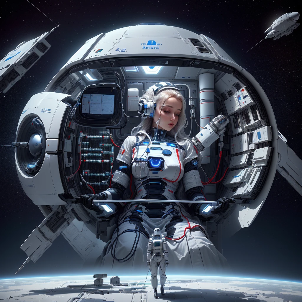 There is an AI robot nurse in the spaceship giving injections to patients in the white ward 3D render，Surrealism, Depicted as a science fiction scene, daily art, Space travelling, In spaceships, masterpiece, of Space travelling