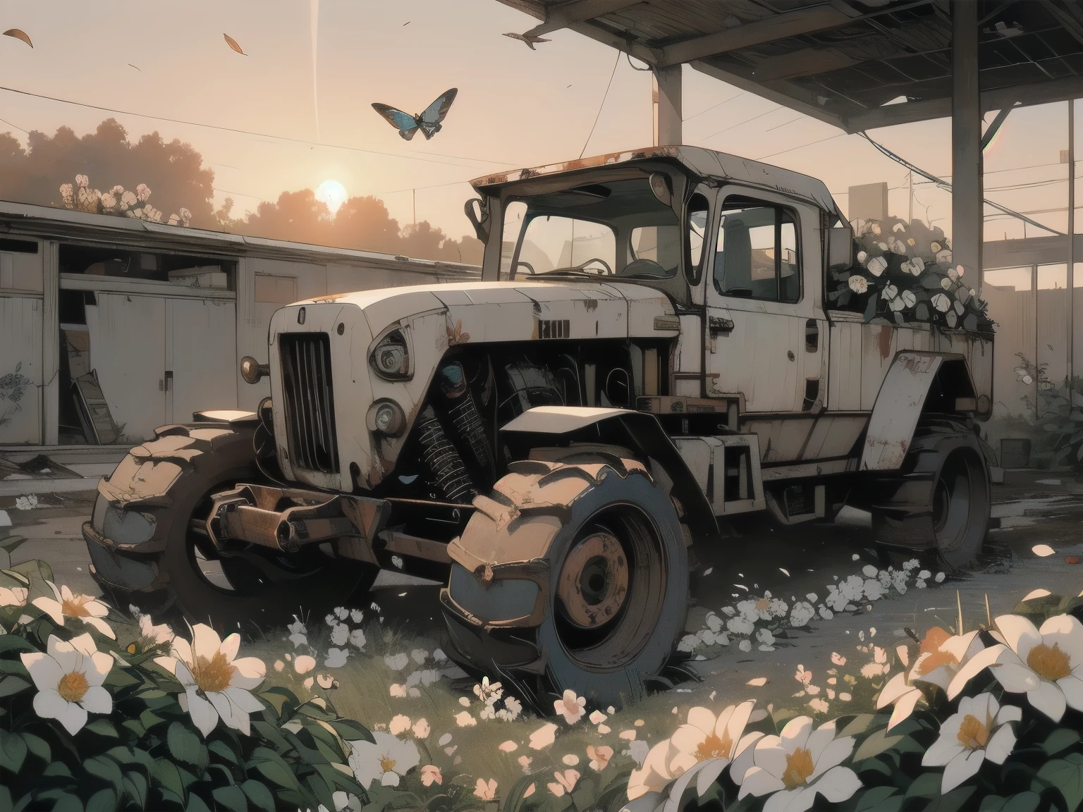 Detailed Machinery、Abandoned Factory、Atrium、(((White Flower Field)))、(((Rusty heavy equipment)))、Gorgeous light leaks、(((Sunset)))、fog、Detailed Background、Highest quality、(((No humans)))、Broken heavy machinery、Complex heavy machinery、Faint lighting、(((Fluttering white petals)))、sunset、(((Dull colors)))、(((Rusty detailed heavy machinery)))、(((Many white flowers fly)))、(((Heavy machinery covered in flowers)))、(((Lots of butterflies)))、(((Abandoned Garage)))