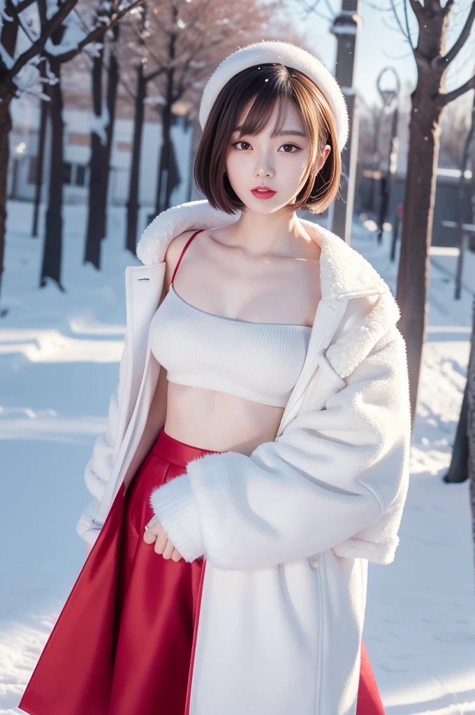 best quality, 4K, 8k, detailed face, clear face, pretty girl, korean makeup, red lips,laugh, perfect body,shoulder length straight bob hair,,femur,slim,thin, The girl wears a wide white mink fur coat, There was a white sweater under the jacket, snow scene, winter, garden,