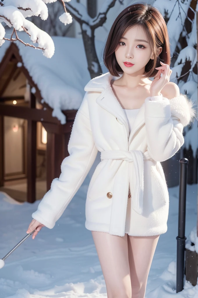 best quality, 4K, 8k, detailed face, clear face, pretty girl, korean makeup, red lips,laugh, perfect body,shoulder length straight bob hair,,femur,slim,thin, The girl wears a wide white mink fur coat, There was a white sweater under the jacket, snow scene, winter, garden,