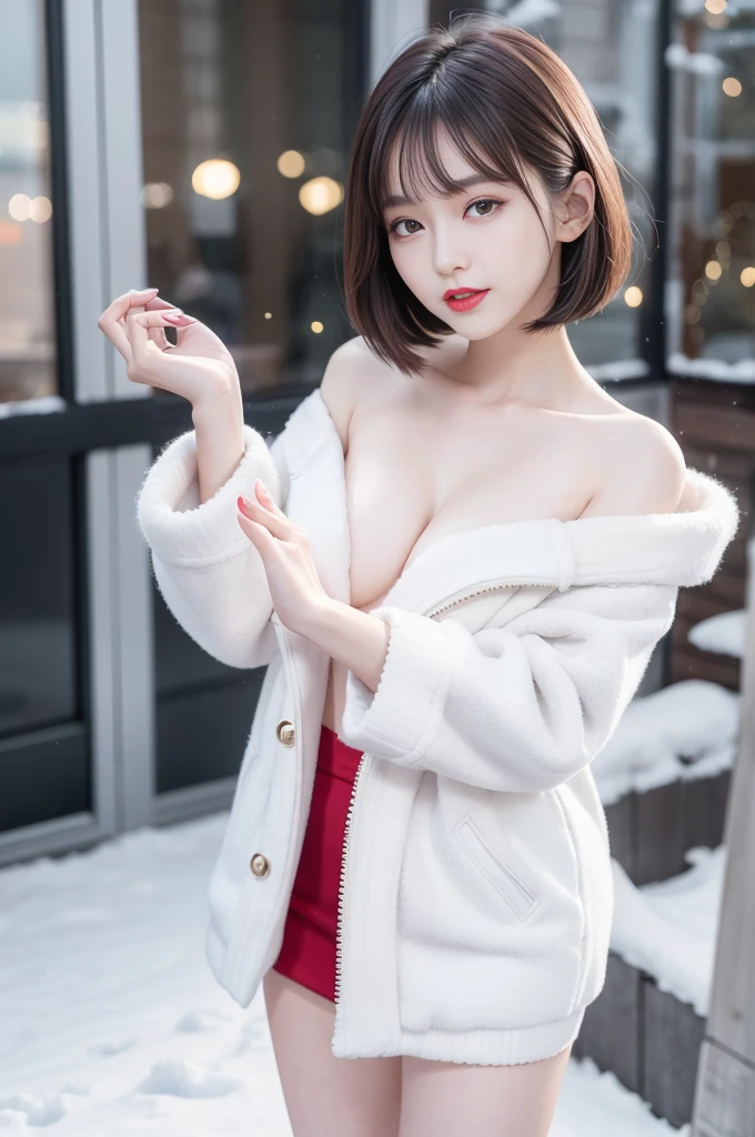 best quality, 4K, 8k, detailed face, clear face, pretty girl, korean makeup, red lips,laugh, perfect body,shoulder length straight bob hair,,femur,slim,thin, The girl wears a wide white mink fur coat, There was a white sweater under the jacket, snow scene, winter, garden,