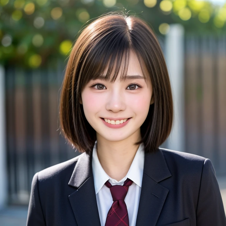 (kawaii 18 year-old Japanese girl, Nogizaka idol, Korean idol, highschool student), healthy female athlete body, (glossy black hair, very short hair, pixie cut, bangs:1.2), beautiful black eyes, rounded face, single eyelid, (no makeup:1.2), (big laughing), (recruit suit jacket, collared shirt, necktie, plaid skirt, glasses), extra small breasts, BREAK, (school entrance gate background, summer, sunny daytime:1.2), (dynamic angle, bust shot:1.2), BREAK, (masterpiece, best quality, photo realistic, official art:1.4), (UHD, 8K quality wallpaper, high resolution, raw photo, golden ratio:1.3), (shiny skin), professional lighting, physically based rendering, award winning, (highly detailed skin texture, extremely detailed face and eyes textures), Carl Zeiss 300 mm F/2.8, depth of field, (1girl, solo),