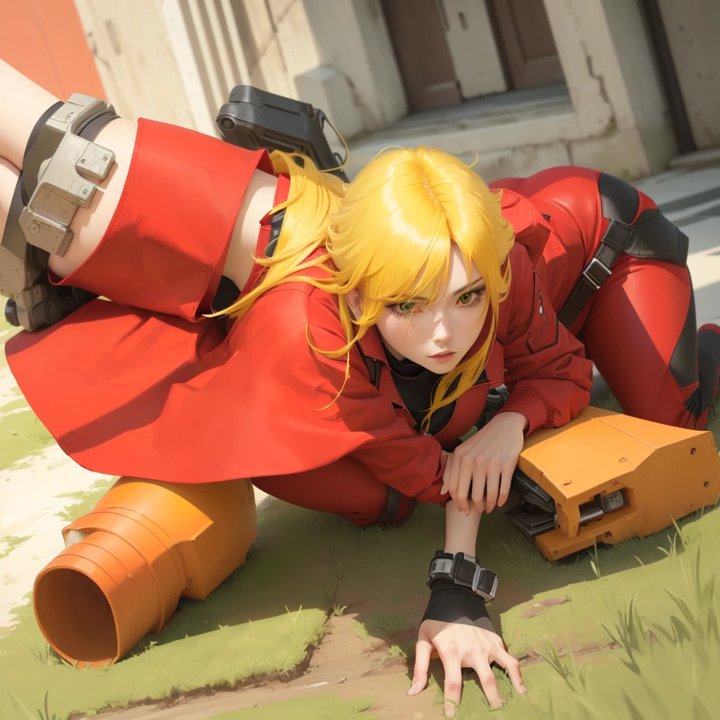 perfect character with a red outfit and yellow hair crouching down, realistic