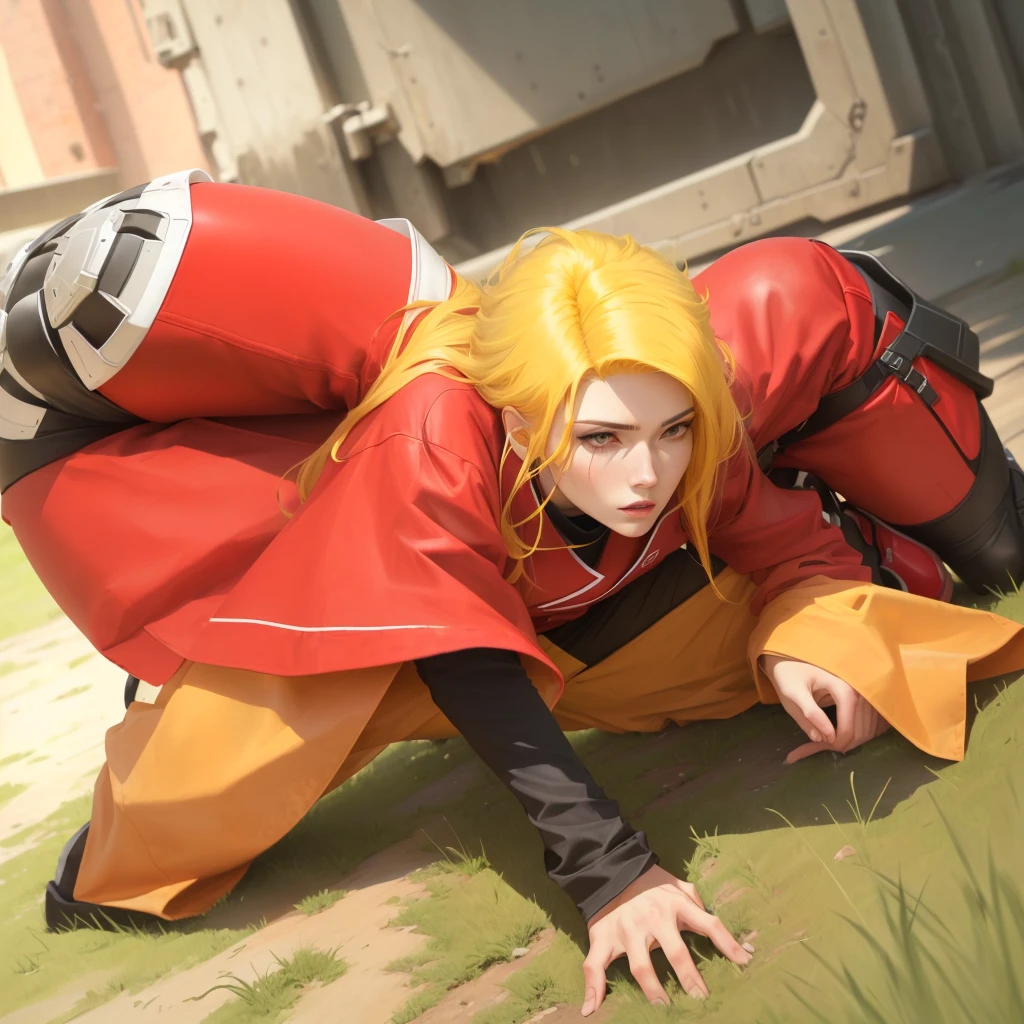 perfect character with a red outfit and yellow hair crouching down, realistic