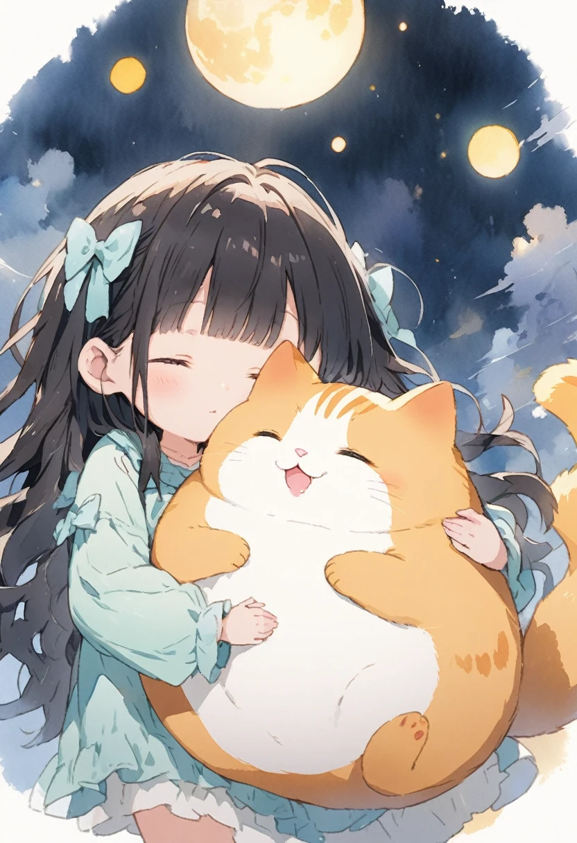 cute girl, watercolor, clear, anime style illustration, cute illustration, beautiful detail, fain touch outline, girl wearing night wear, giant fat cat, cute girl is sleeping on the giant fat cat, fuwafuwa, cute illustration, fantasy