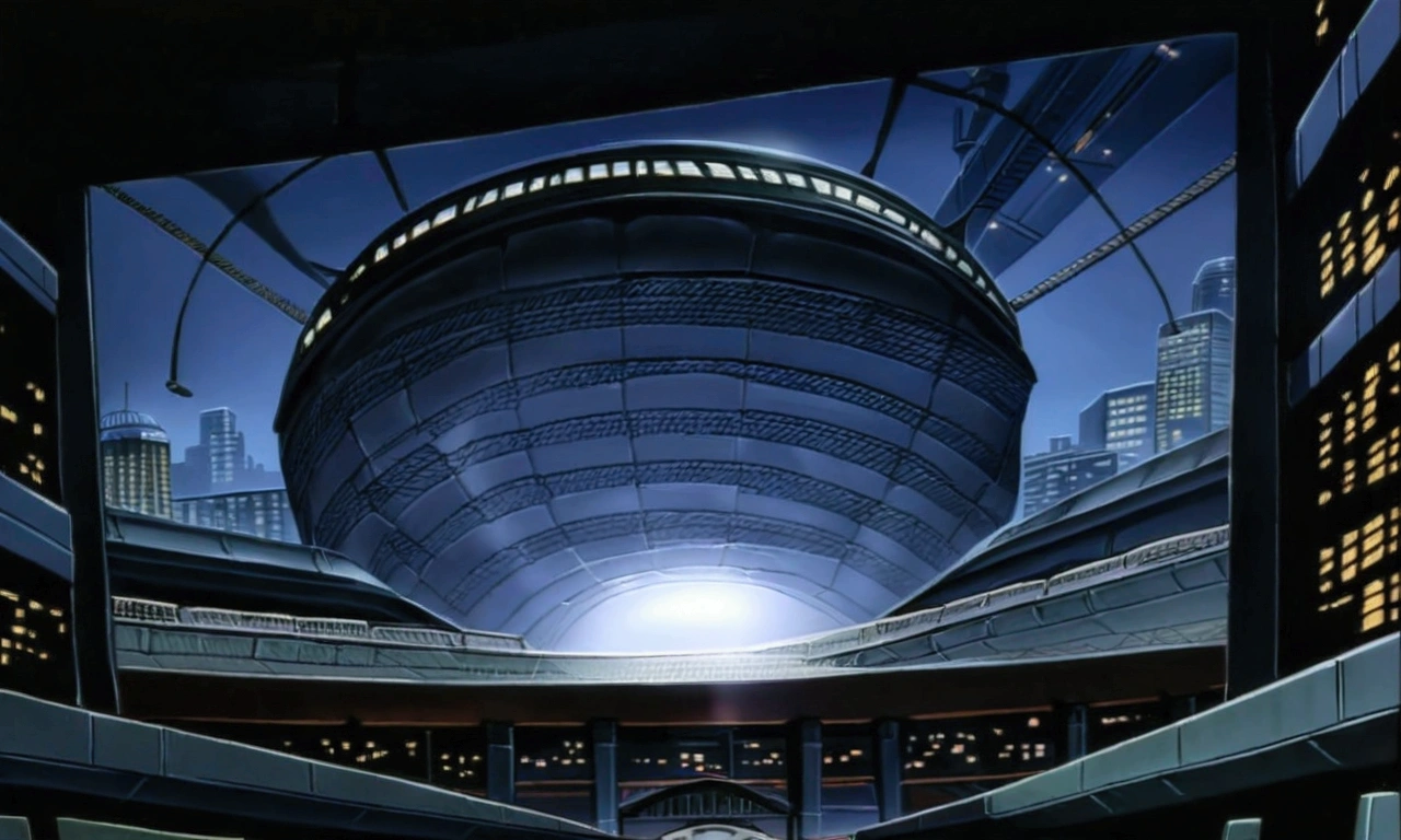 high resolution,８０SF anime painting from the 1980s,,background,Stadium,Airship with advertising monitor,Searchlight,night,City,16:9,building