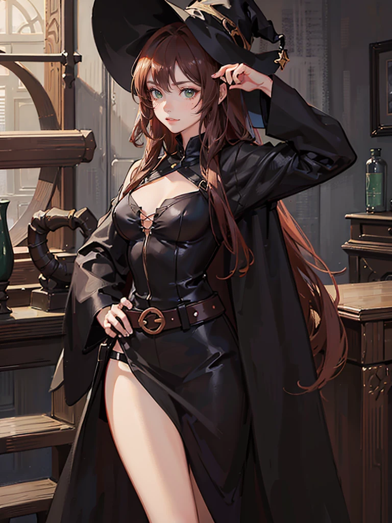 Young girl with dark copper hair, Dark green eyes, sly facial expression, sexy girl, dressed in simple black clothes, long hair, cute face, Big hips, belt art , black small horns on the head, witch 