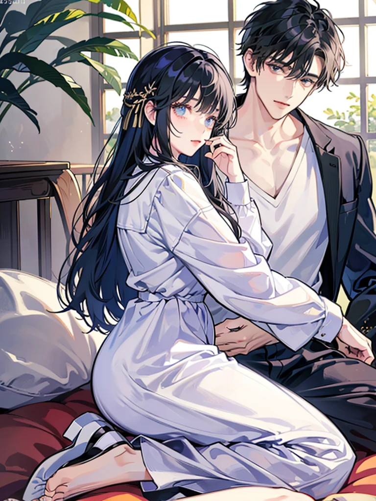 college student couple、Lovers、black hair girl、cute、droopy eyes、hug、tall man、Handsome guy、detailed face、バックhug、pajamas、white clothes、A woman sits on a man&#39;s lap、smile