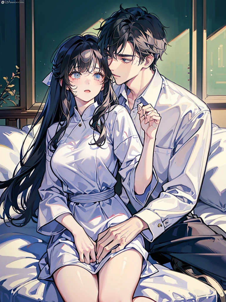 college student couple、Lovers、black hair girl、cute、droopy eyes、hug、tall man、Handsome guy、detailed face、バックhug、pajamas、white clothes、A woman sits on a man's lap、smile