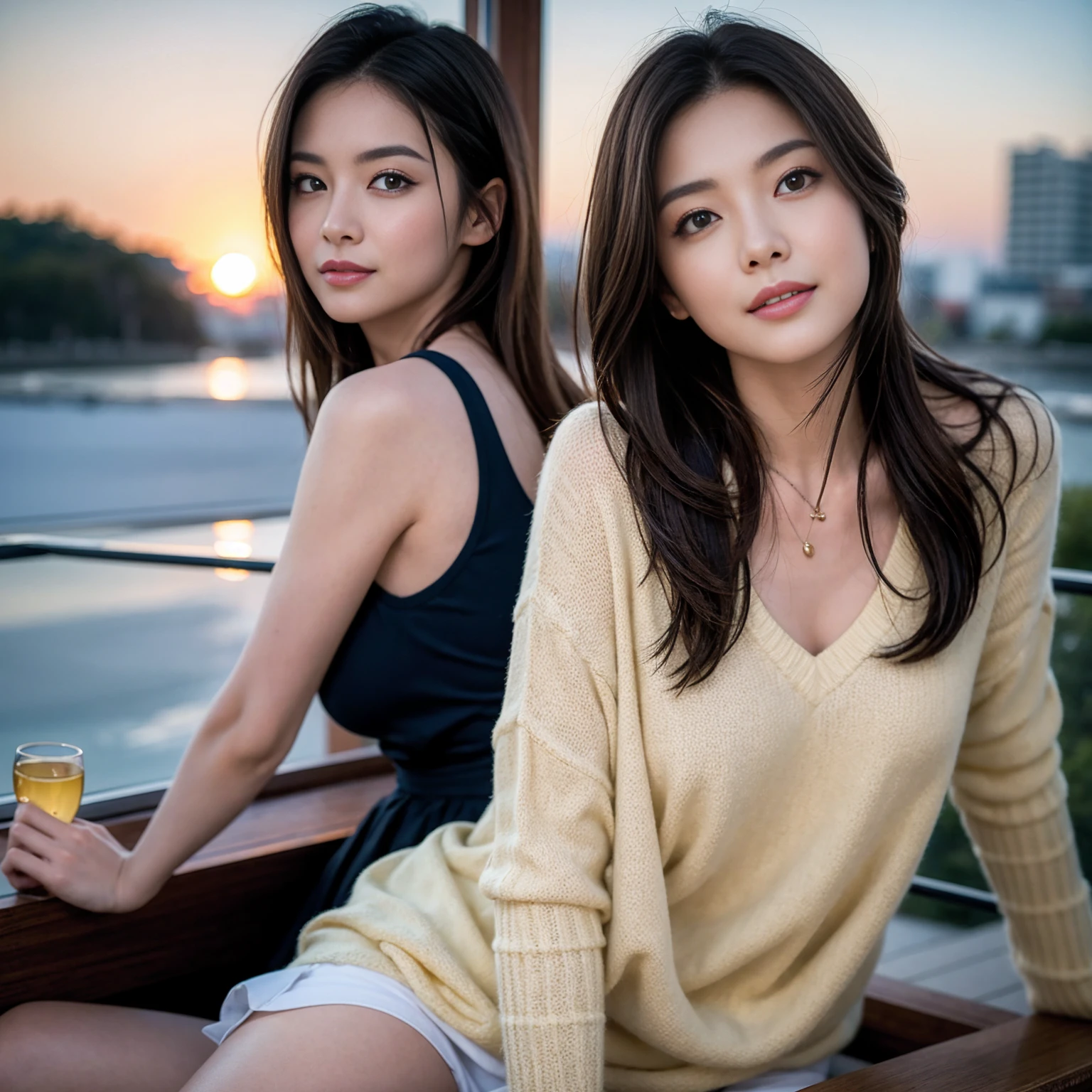 （Realistic:1.1）,(masterpiece,Highest quality)，8k,((2人のwoman)), (45 years old), 42 years old, Tight waist,Upper Body,full-course dinner、wine 、Amazing view of the sunset sky and clouds、Perfect Anatomy, Brown Hair, Short Hair,Random Hairstyles,((Highly detailed face and eyes:1.2))(cute顔:1.4)，美しいactressの顔，Perfect golden ratio face，woman&#39;suit、Nice,(smile:1.2)、Shortcuts、cute、slimカップル、modelカップル、actress男優、(Realistic, Intricate details:1.2), A bright smile、short hair,Bright Face、赤wine 、Appetizers、Italian food、wine bottle、Champagne、スパークリングwine、Brown Hair、Shortcuts、Long sleeve shirt、dress、(slimな顔), (The body is slim), (Brown Hair), (Shortcuts), cheeks turn a little red,restaurant, In a prominent place (From the waist up) Nova Frog Style, actress, model, Upper Body, 白wine, slim, wineグラス, 