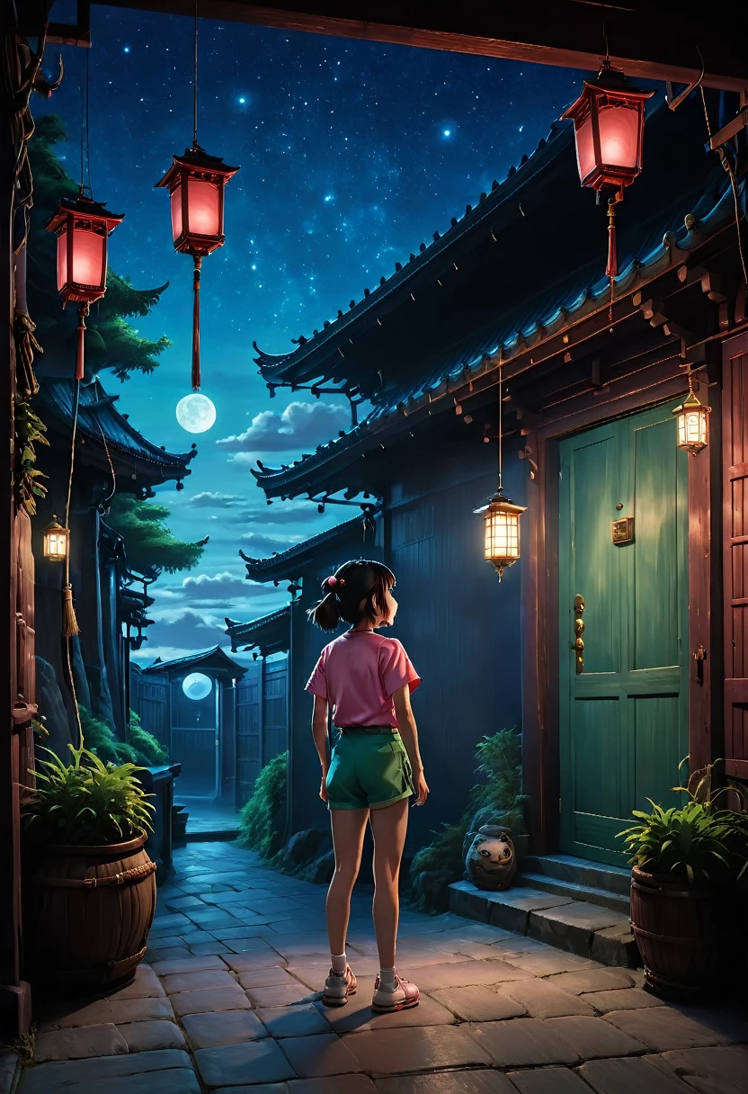 (masterpiece, best quality, high resolution, rich details, 8k),
vivid depiction of Chihiro's first encounter with the Bathhouse in "Spirited Away" by Studio Ghibli. The scene is at night with the Bathhouse, a large traditional Japanese-style building with a red exterior, illuminated by lanterns. Chihiro, a young girl in a pink T-shirt and green shorts, stands in awe at the entrance. Haku, in a white and blue outfit, is beside her, pointing towards the Bathhouse. Include a few spirits or fantastical creatures and a starry night sky to enhance the magical atmosphere. Use rich, vibrant colors to reflect Studio Ghibli's art style.