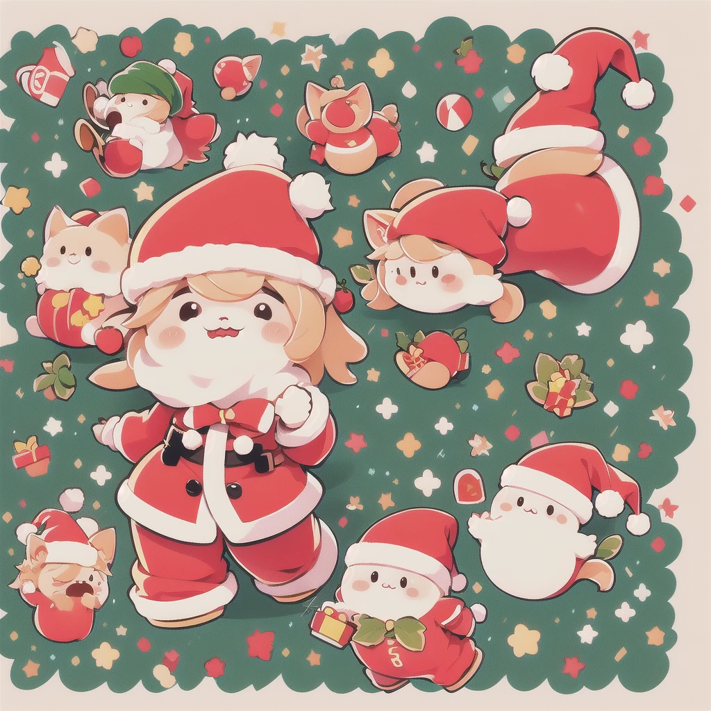 ((cute stickers, style cartoon, cute Super Deformed Character, white border, high quality, colorful, Detailed illustration of a cute cat wearing a Santa hat, awesome full color )) icon vector graphic, on white background, various poses and movements, various emotions. Christmas mood, Chibi cute style, sharp outline, separated each element, full frame , Simple, Minimalist.