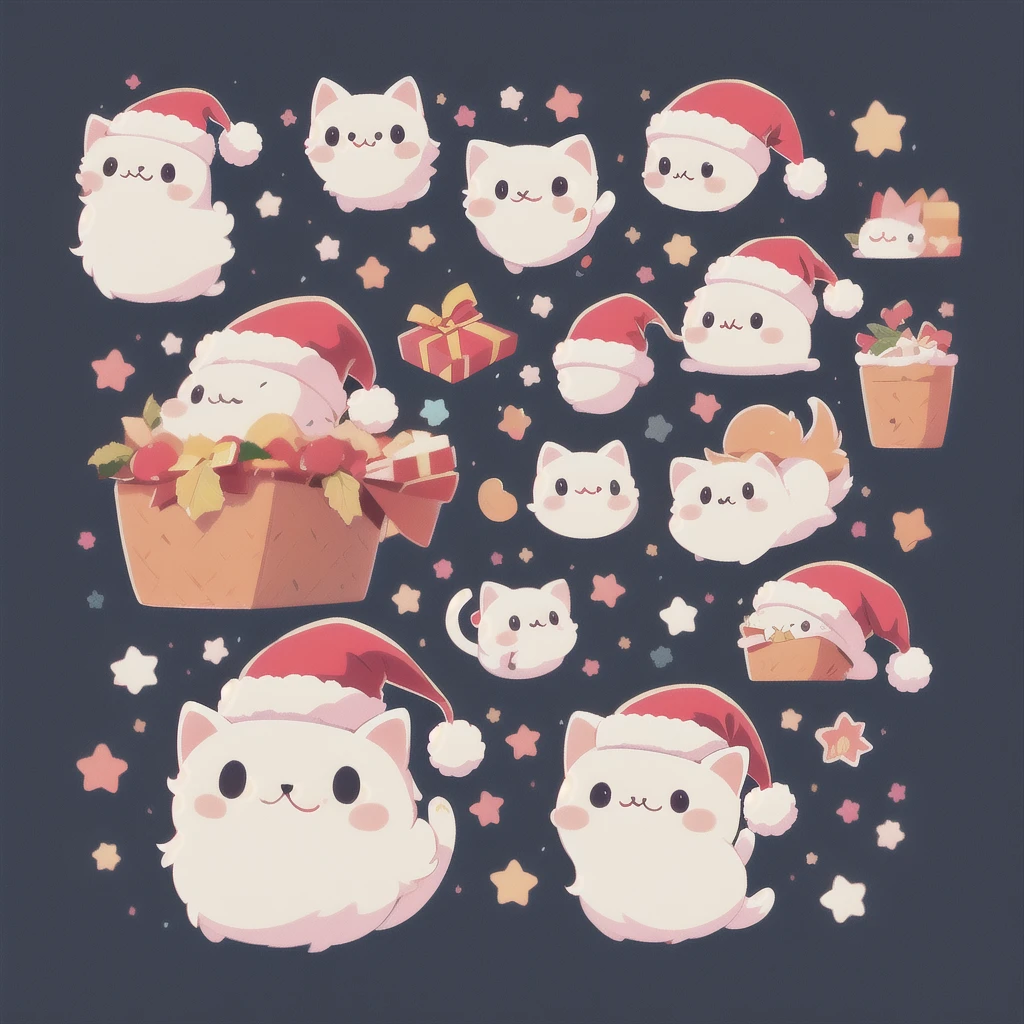 ((cute stickers, style cartoon, cute Super Deformed Character, white border, high quality, colorful, Detailed illustration of a cute cat wearing a Santa hat, awesome full color )) icon vector graphic, on white background, various poses and movements, various emotions. Christmas mood, Chibi cute style, sharp outline, separated each element, full frame , Simple, Minimalist.