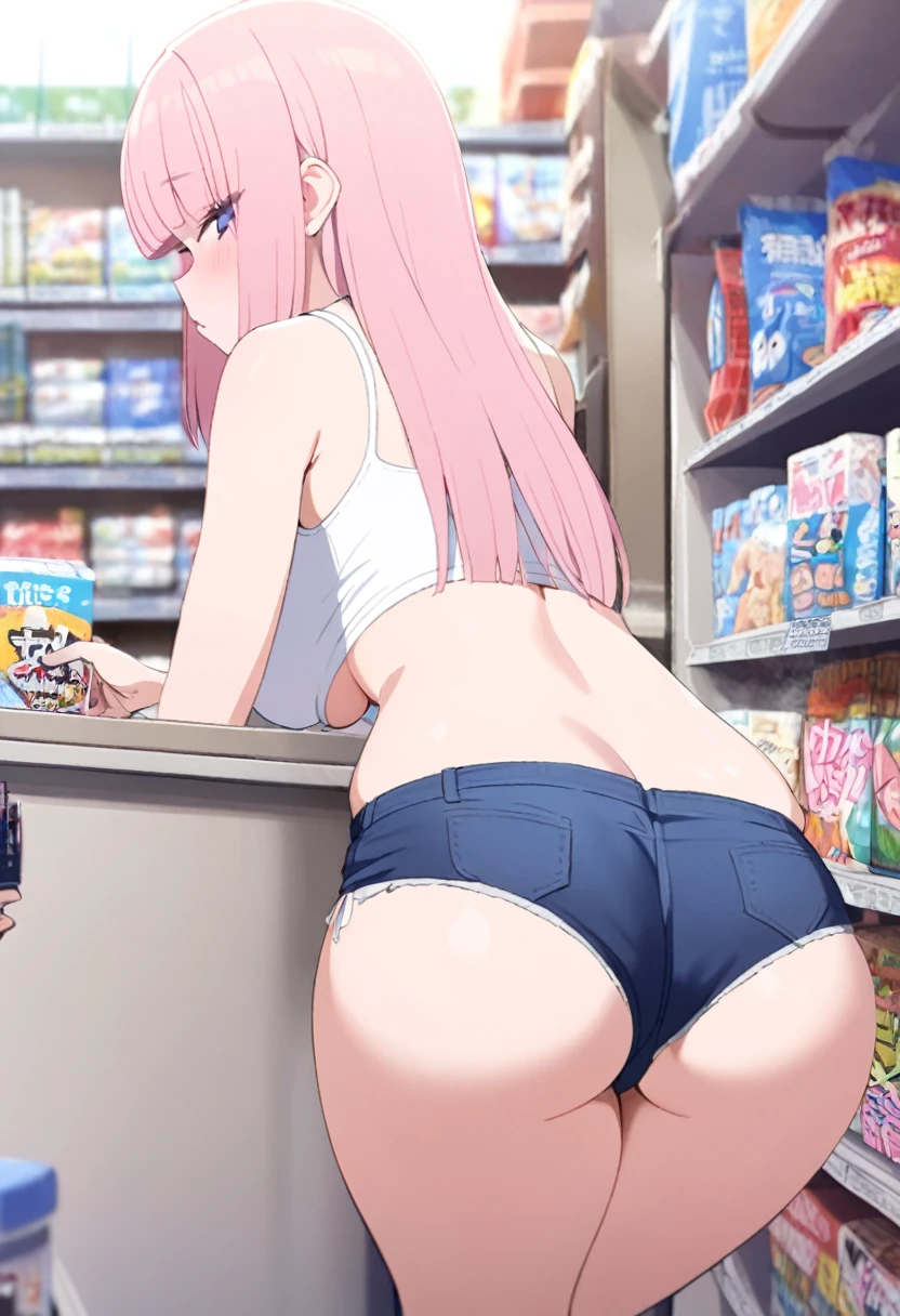 girl, light pink hair, hime cut, long hair, J cup breast, thicc thigh, perfect body, micro short shorts, mini white tank top, minimarket view, clear view, bend down, ass show off