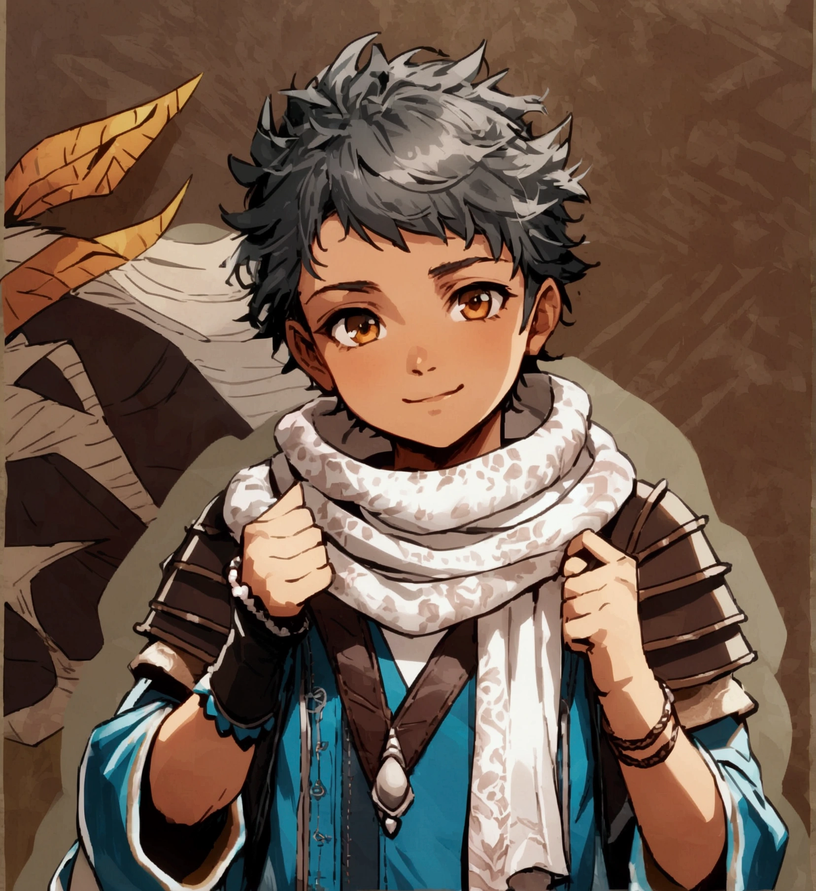 ((monsterhunter)), looking the viewer, solo, boy, shy, smiling, happy, perfect face, beautiful eye, upper body
