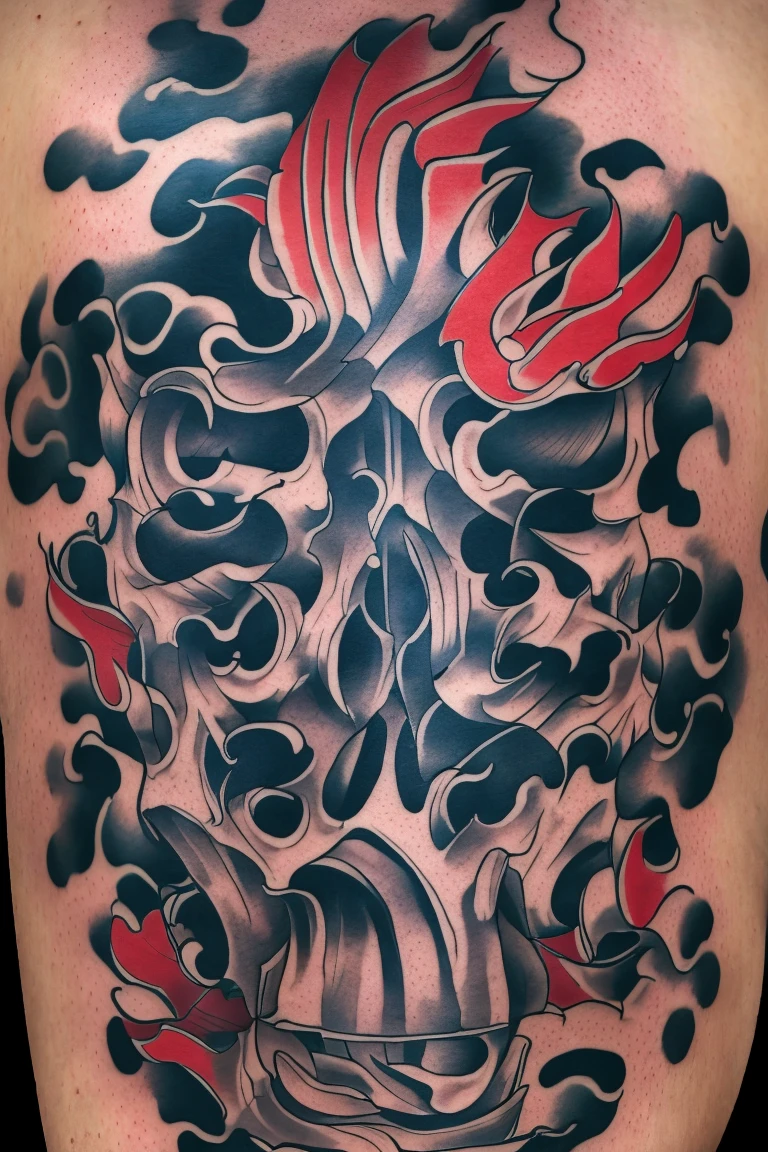 Calligraphy style, A japanse tattoo, A traditional japanese tattoo, Masterpiece, High quality, ultra details, A perfect skull with Japanese wave background and violet fire effects, skull, skull, skull, Upper arm tattoo, perfect skull anatomy, Super detailed, professional design by tattoo artist, Violet fire effects,