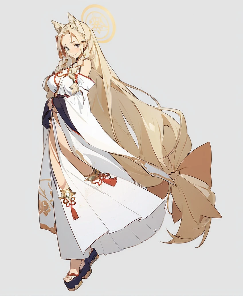 (((full body photo))), A beautiful, young, visibly barefoot fantasy warrior woman, wearing an armor top with a long skirt, bare midriff, with wavy red hair in one asymmetrical braid, standing, smiling.