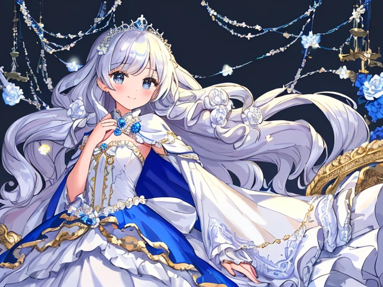 looking at viewer, upper body,(masterpiece),(best quality),(rococo style),(long train blue cape:1.15), very long cape,(long train white ball gown with flower decorations:1.1), a girl is wearing a cape over her gown, 1 little princess, tiara, smile, very long hair, small breasts
