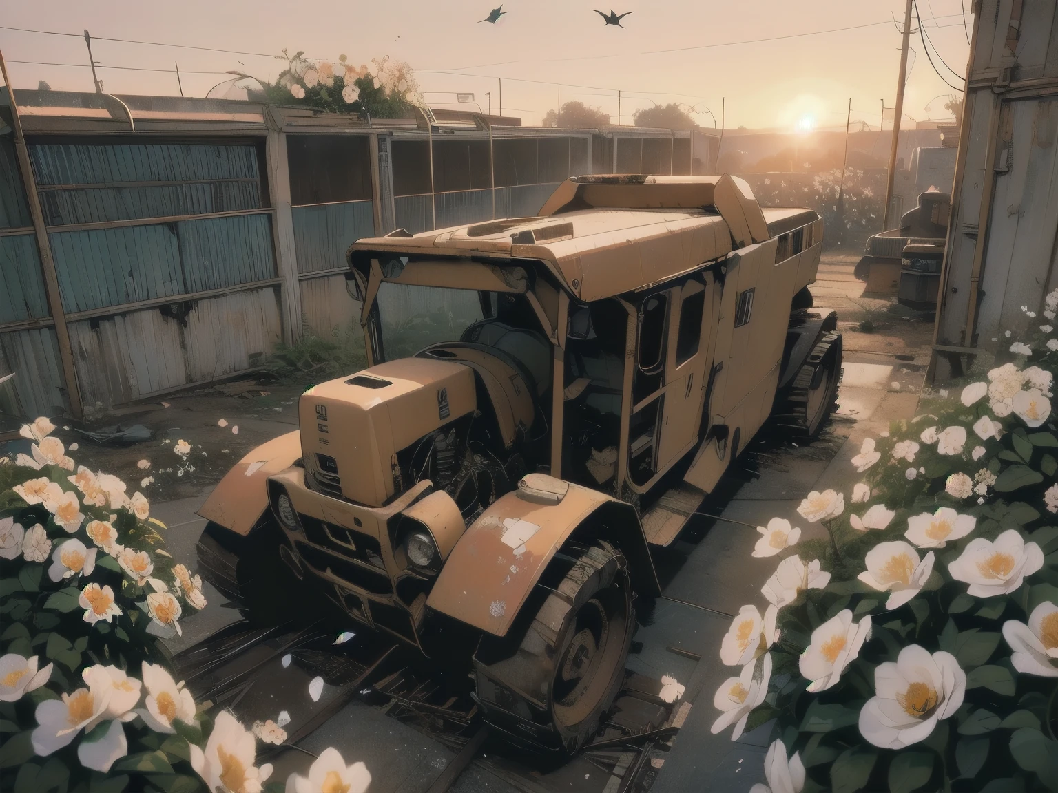 Detailed Machinery、Abandoned Factory、Atrium、(((White Flower Field)))、(((Rusty heavy equipment)))、Gorgeous light leaks、(((Sunset)))、fog、Detailed Background、Highest quality、(((No humans)))、Broken heavy machinery、Complex heavy machinery、Faint lighting、(((Fluttering white petals)))、sunset、(((Dull colors)))、(((Rusty detailed heavy machinery)))、(((Many white flowers fly)))、(((Heavy machinery covered in flowers)))、(((Lots of butterflies)))、(((Abandoned Garage)))