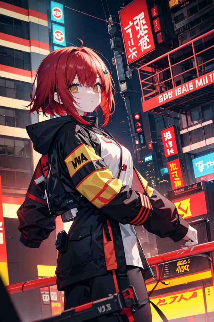 　Red Hair　Yellow Eyes　Bob　外はねBob　Confused eyes　Bob　Red Hair　Thick, vibrant red hair　Bob　whole body　female性　female　Cyberpunk Costume　Yellow costume　黄色いCyberpunk Costume　Dynamic pose　battle　electricity　Bobヘア electricityを操る