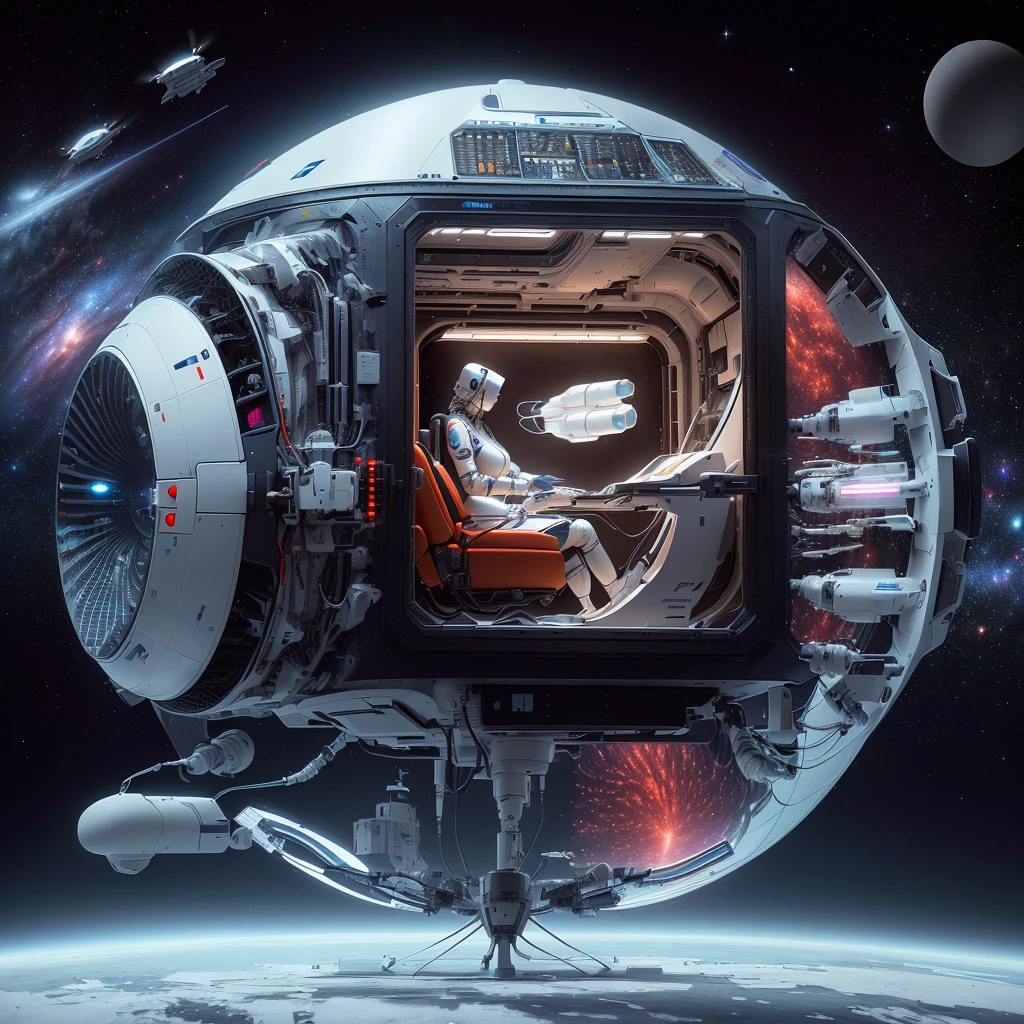 There is an AI medical robot nurse in the spaceship helping patients with injections in the white ward., 3 d render,Surrealism, Depicted as a science fiction scene, daily art, Space travelling, In spaceships, masterpiece, of Space travelling
