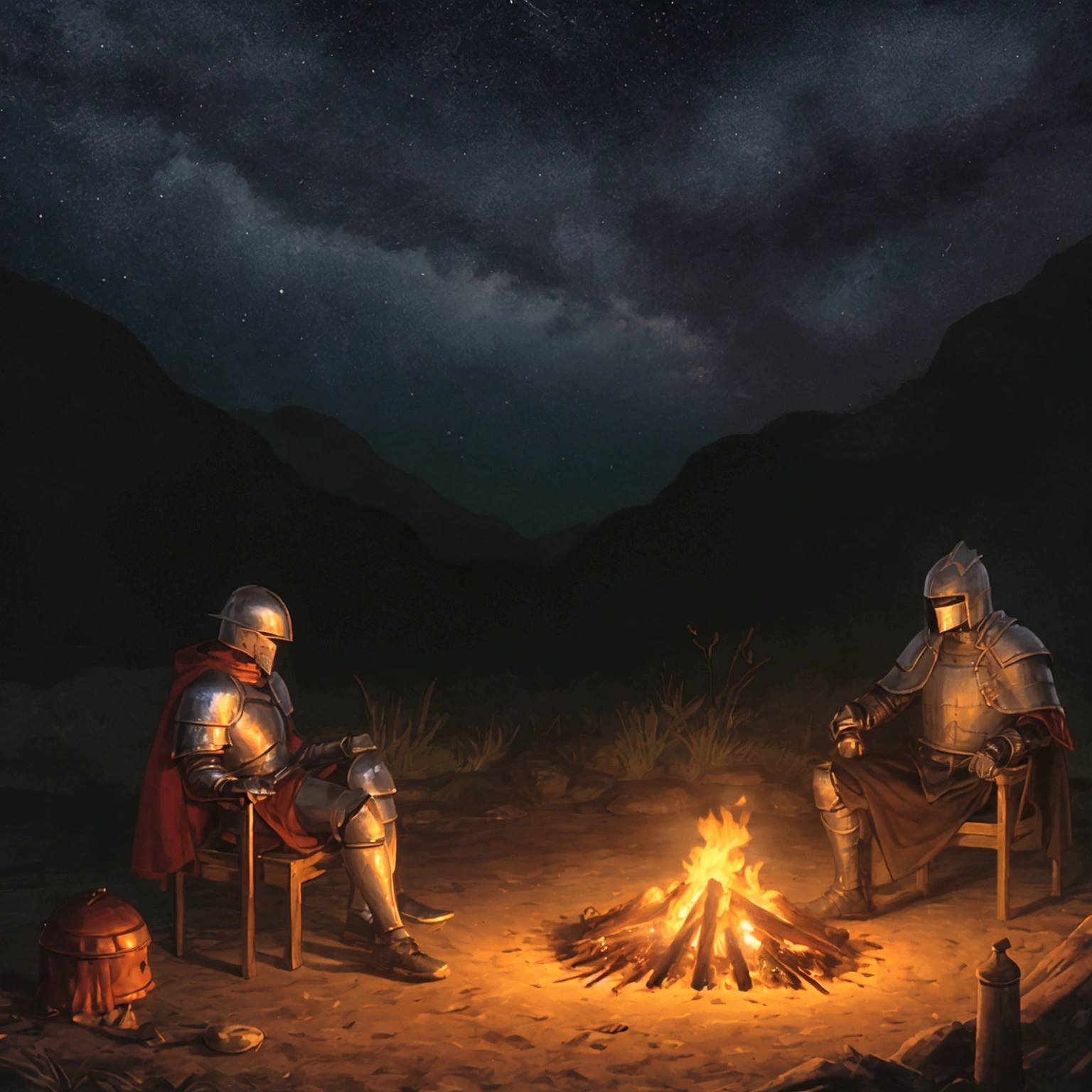 Create an image of two knights sitting and talking around a campfire at night. The first knight is wearing full armor with a closed helmet, while the second knight is wearing a cloak with a hood that partially covers his face. They are sitting near a burning campfire, with a dark night sky and stars in the background. Ensure that details such as the armor, cloak, and the campfire light illuminating their faces are clearly visible.
