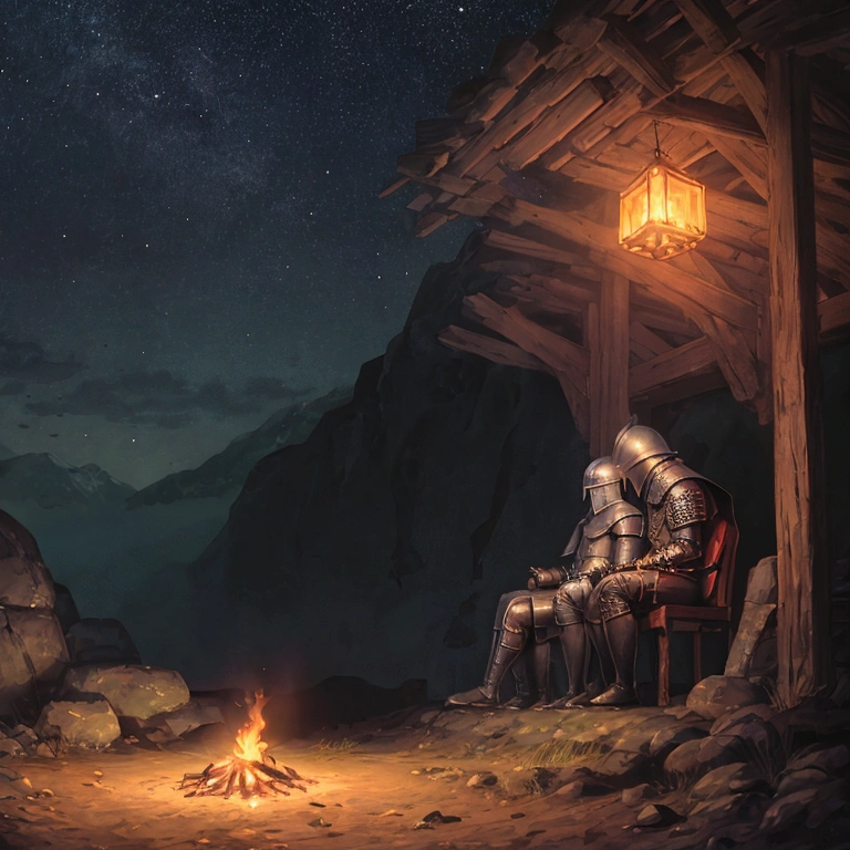 Create an image of two knights sitting and talking around a campfire at night. The first knight is wearing full armor with a closed helmet, while the second knight is wearing a cloak with a hood that partially covers his face. They are sitting near a burning campfire, with a dark night sky and stars in the background. Ensure that details such as the armor, cloak, and the campfire light illuminating their faces are clearly visible.