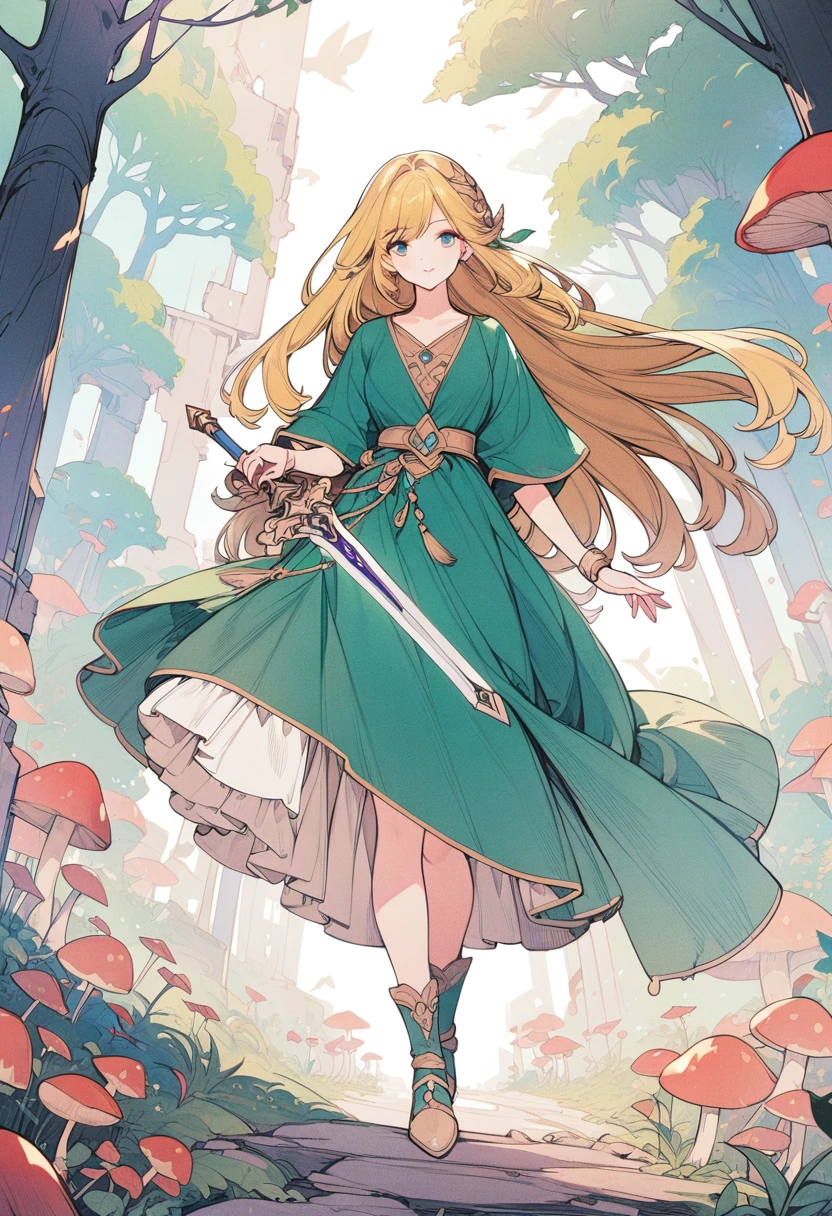 Zelda,A fantasy landscape, a girl with long golden hair, striking blue eyes, detailed facial features, Exquisite makeup,The cutest girl in the world,close_up,(The Legend of Zelda:1.2),wearing a green tunic, holding a sword, walking through a peaceful forest, sunlight filtering through the trees, magical glowing mushrooms, ancient ruins in the background, vibrant colors, cinematic lighting, intricate details, (best quality,4K,8k,highres,masterpiece:1.2),ultra-detailed,fantasy,adventure,concept art