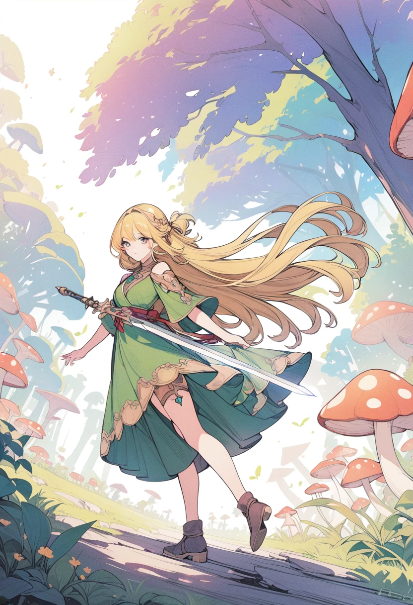 Zelda,A fantasy landscape, a girl with long golden hair, striking blue eyes, detailed facial features, Exquisite makeup,The cutest girl in the world,close_up,(The Legend of Zelda:1.2),wearing a green tunic, holding a sword, walking through a peaceful forest, sunlight filtering through the trees, magical glowing mushrooms, ancient ruins in the background, vibrant colors, cinematic lighting, intricate details, (best quality,4K,8k,highres,masterpiece:1.2),ultra-detailed,fantasy,adventure,concept art