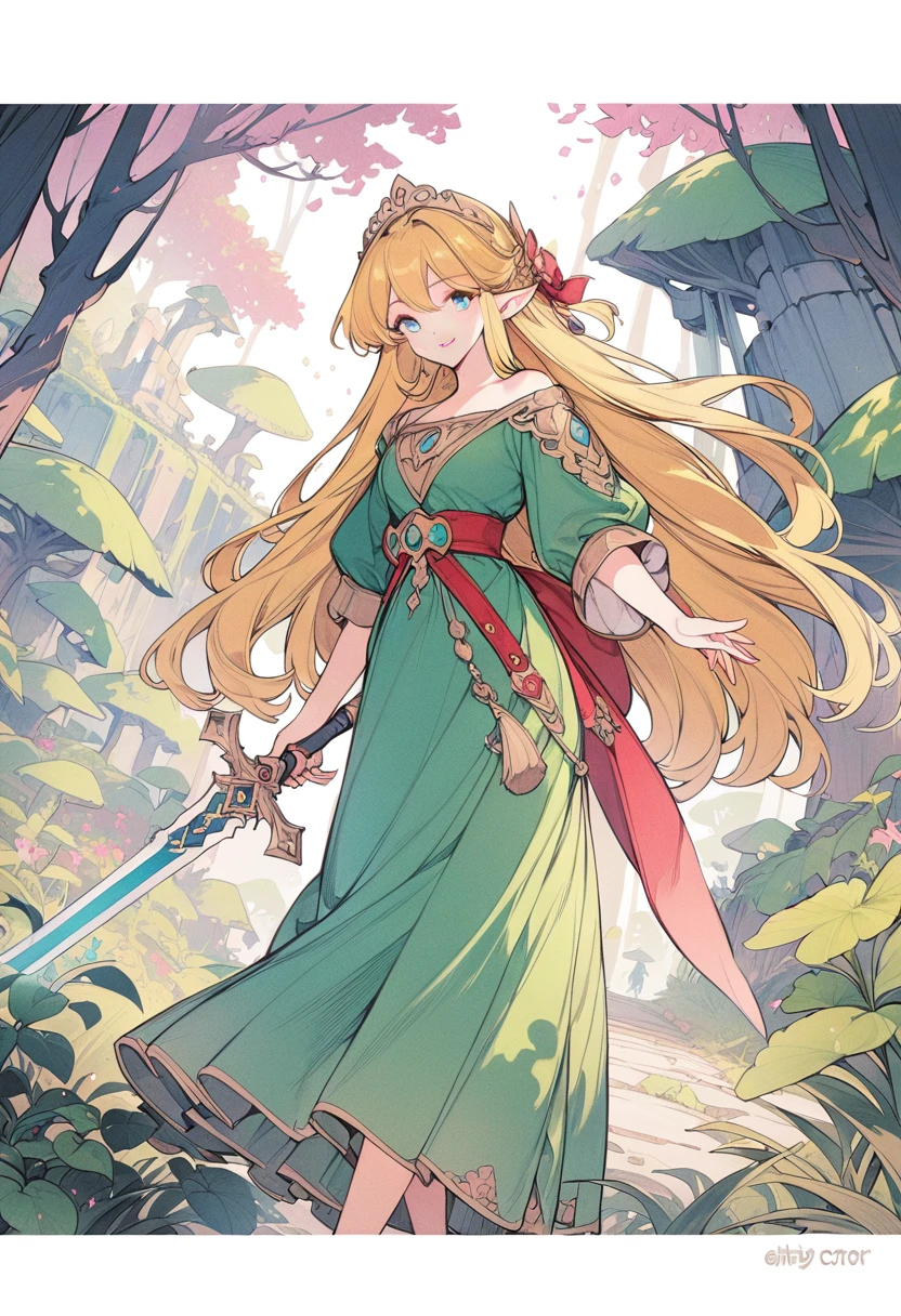 Zelda,A fantasy landscape, a girl with long golden hair, striking blue eyes, detailed facial features, Exquisite makeup,The cutest girl in the world,close_up,(The Legend of Zelda:1.2),wearing a green tunic, holding a sword, walking through a peaceful forest, sunlight filtering through the trees, magical glowing mushrooms, ancient ruins in the background, vibrant colors, cinematic lighting, intricate details, (best quality,4K,8k,highres,masterpiece:1.2),ultra-detailed,fantasy,adventure,concept art