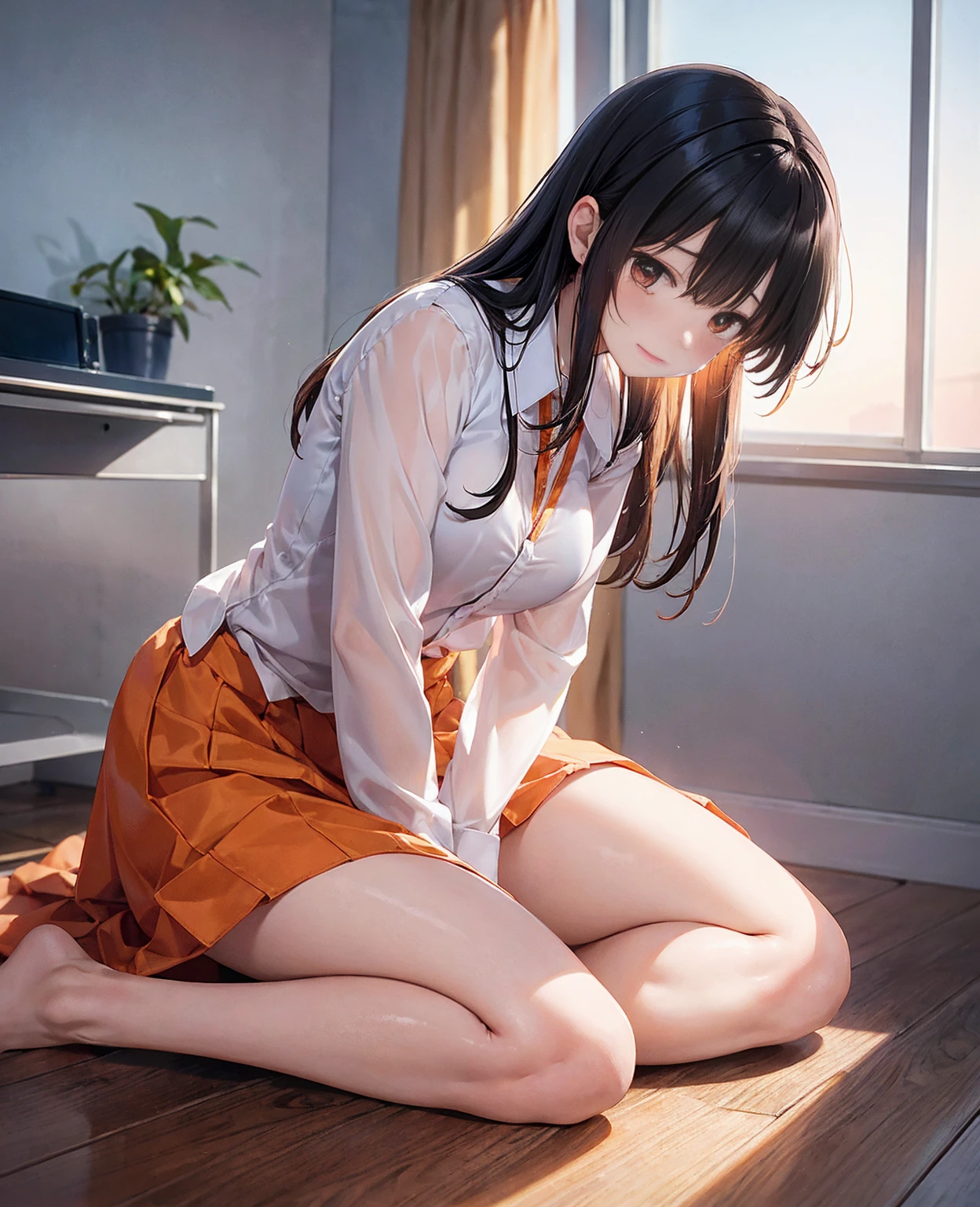 As the setting sun shines, Akemi is pushed down on the floor of the office alone with her senior.(24-years-old)、The white walls are dyed orange by the setting sun, creating a translucent, dreamy atmosphere.、Her blouse was wrinkled, as if it had been forcibly removed.、A man's fingertips are rolling up her stylish pink bra。Big nipples sticking out。The woman is crying and has a blank look on her face.。After resisting the short bob hairstyle that was frizzy。