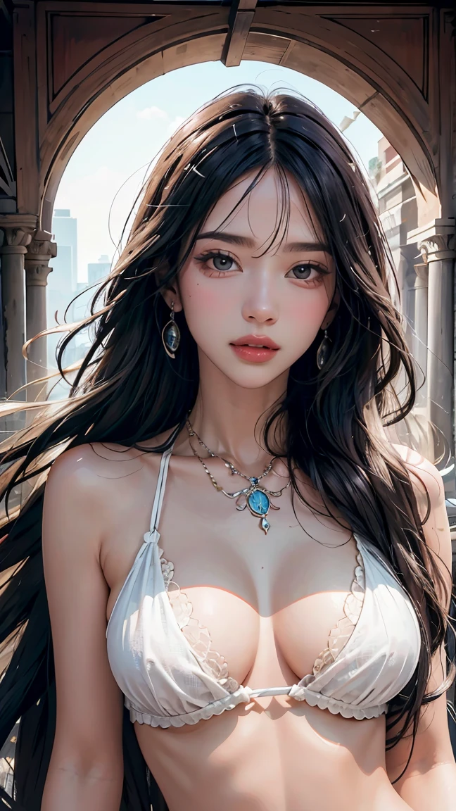 photorealistic, high resolution, soft light,1women, solo, hips up, shinning skin, (detailed face), jewelry, tattoo, super long hair, sperm on her face (facial), black hair, long hair, mafia