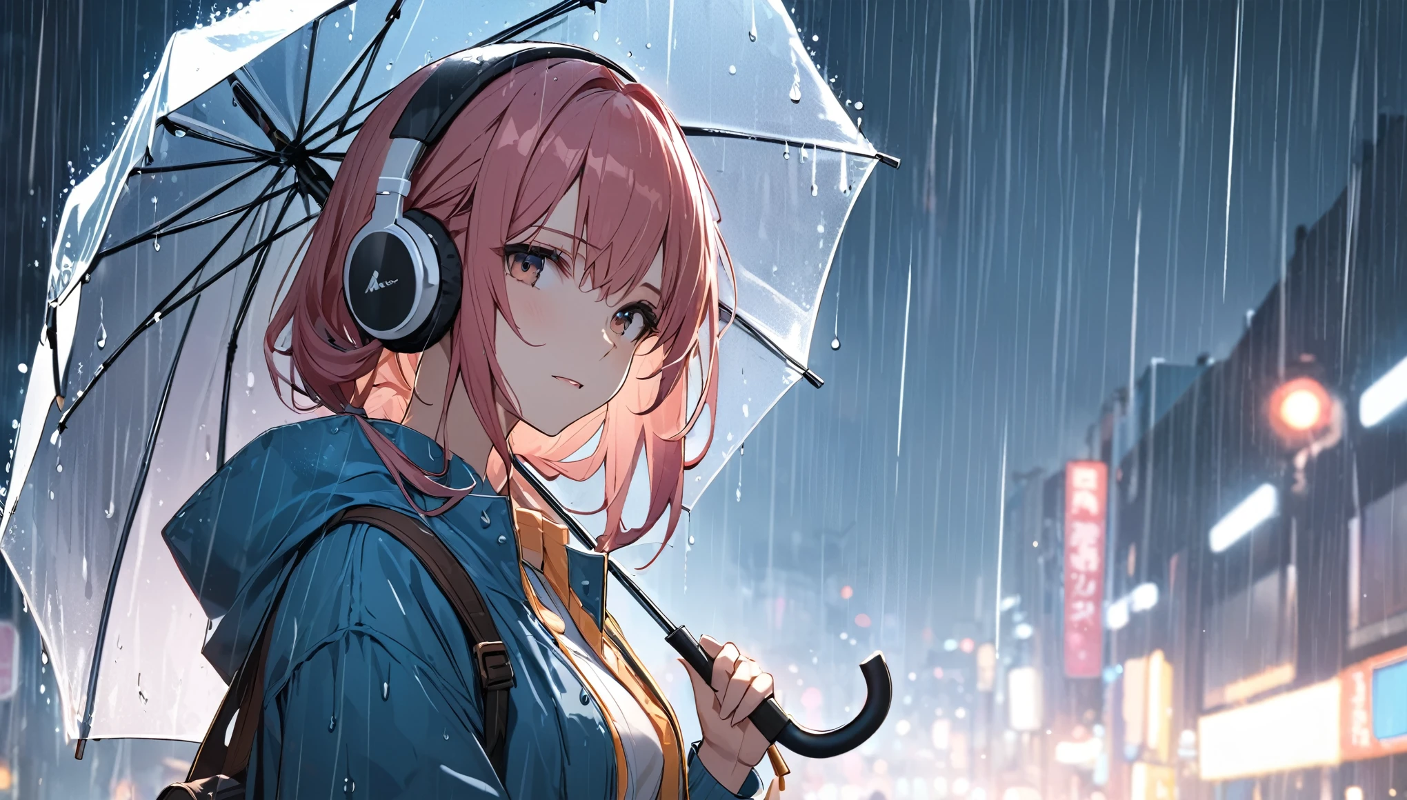 (Highest quality),Girl holding an umbrella in the rain、Headphones