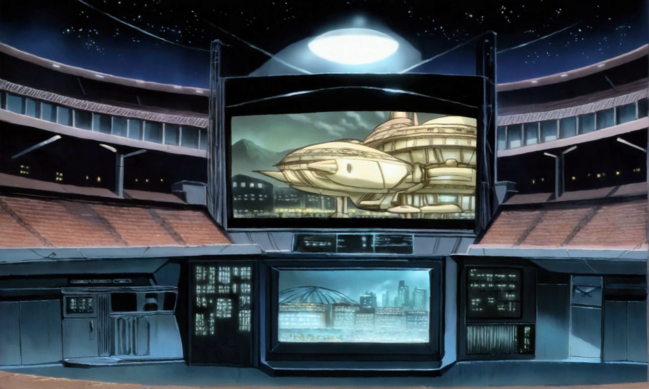 high resolution,80SF anime painting from the 1980s,,background,Stadium,Airship with advertising monitor,Searchlight,night,City,building,Overlooking