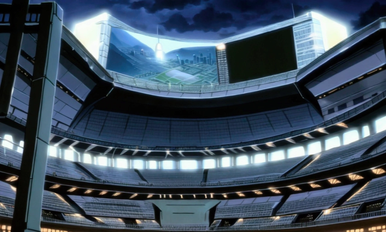 high resolution,80SF anime painting from the 1980s,,background,Stadium,Airship with advertising monitor,Searchlight,night,City,building,Overlooking