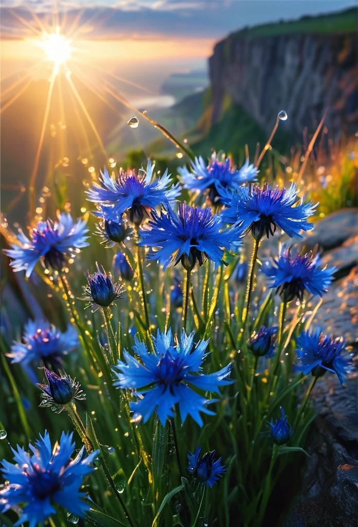 Intricate details, detailed, realism, a close up of Cornflowers at nature. The first rays of sunlight in the morning，Dew drops on  flowers on the cliff，(sunrise，Halo)，Beautiful picture，HD Wallpapers，Natural light, dramatic, Source reality,