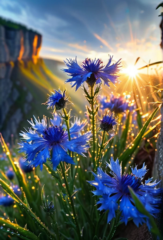 Intricate details, detailed, realism, a close up of Cornflowers at nature. The first rays of sunlight in the morning,Dew drops on flowers on the cliff,(sunrise,Halo),Beautiful picture,HD Wallpapers,Natural light, dramatic, Source reality,