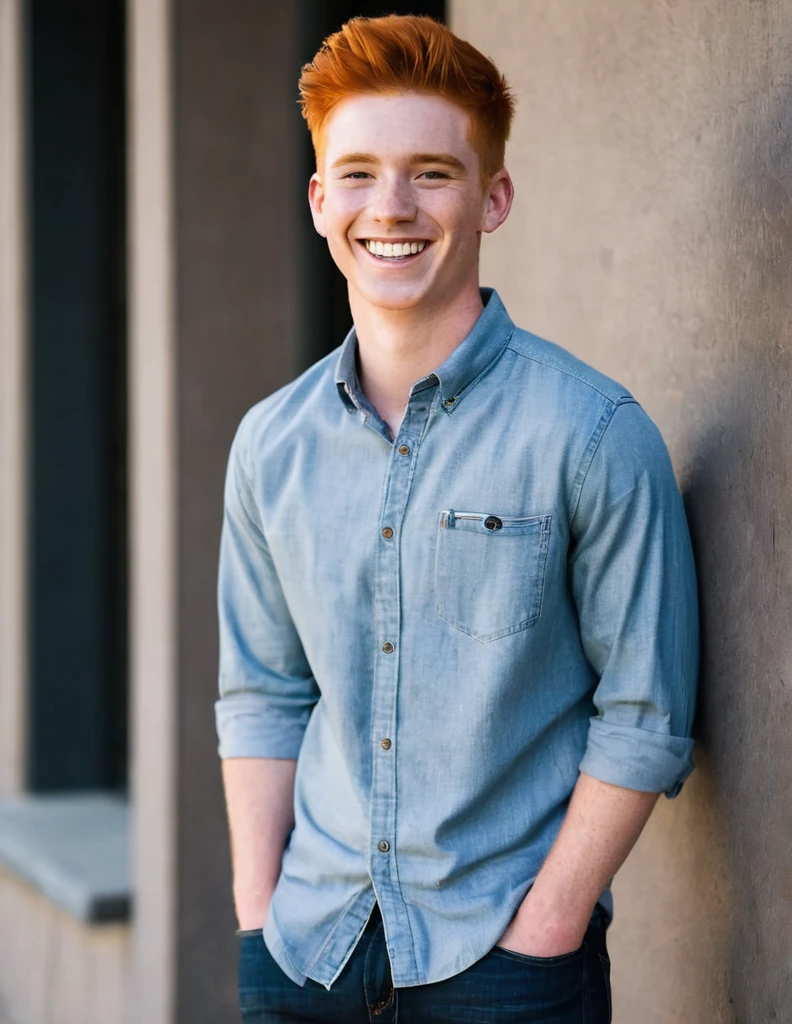 A red haired college going smiling boy, tall dark and athletic build. Wearing a half sleeve shirt and jeans