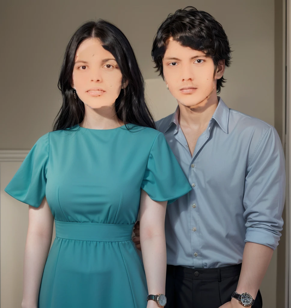 The man's shirt is light-colored, his pants are black, and he has a watch on his left hand. The woman is wearing a light colored dress, her hair is black, and she is wearing a watch on her right hand. Both are a couple. The color of the skin is pale. The floor is an old house