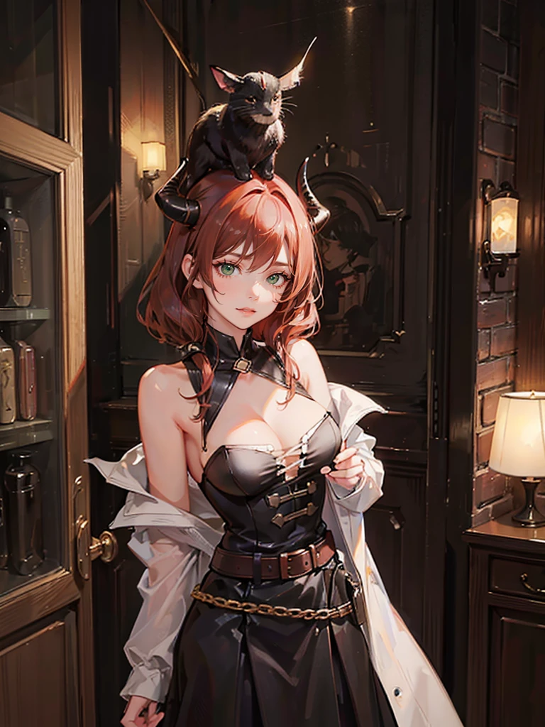 Young girl with dark copper hair, Dark green eyes, sly facial expression, sexy girl, dressed in simple black clothes, long hair, cute face, Big hips, belt art , black small horns on the head, witch