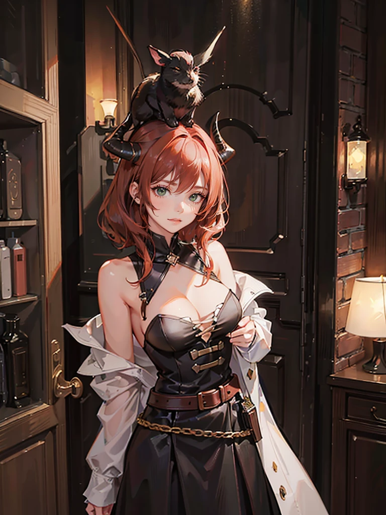 Young girl with dark copper hair, Dark green eyes, sly facial expression, sexy girl, dressed in simple black clothes, long hair, cute face, Big hips, belt art , black small horns on the head, witch