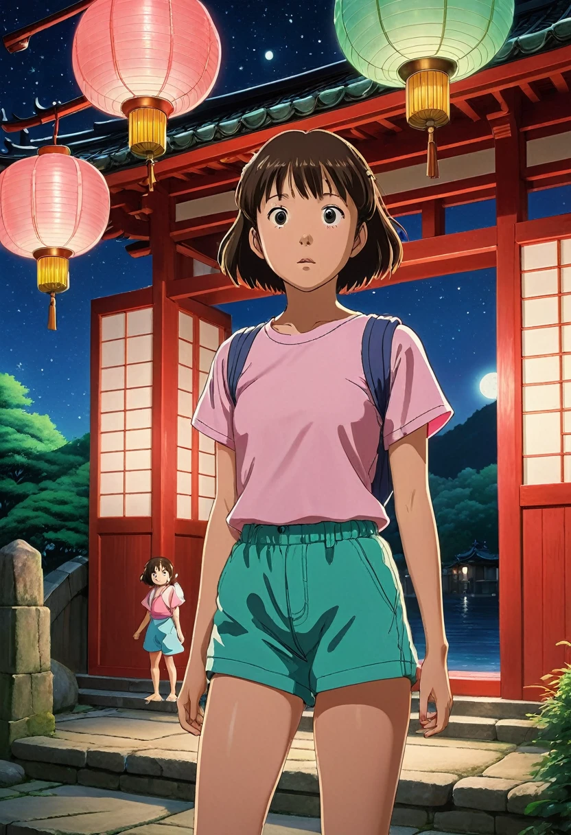 (masterpiece, best quality, high resolution, rich details, 8k), vivid depiction of Chihiro's first encounter with the Bathhouse in "Spirited Away" by Studio Ghibli. The scene is at night with the Bathhouse, a large traditional Japanese-style building with a red exterior, illuminated by lanterns. Chihiro, a young girl in a pink T-shirt and green shorts, stands in awe at the entrance. Haku, in a white and blue outfit, is beside her, pointing towards the Bathhouse. Include a few spirits or fantastical creatures and a starry night sky to enhance the magical atmosphere. Use rich, vibrant colors to reflect Studio Ghibli's art style.