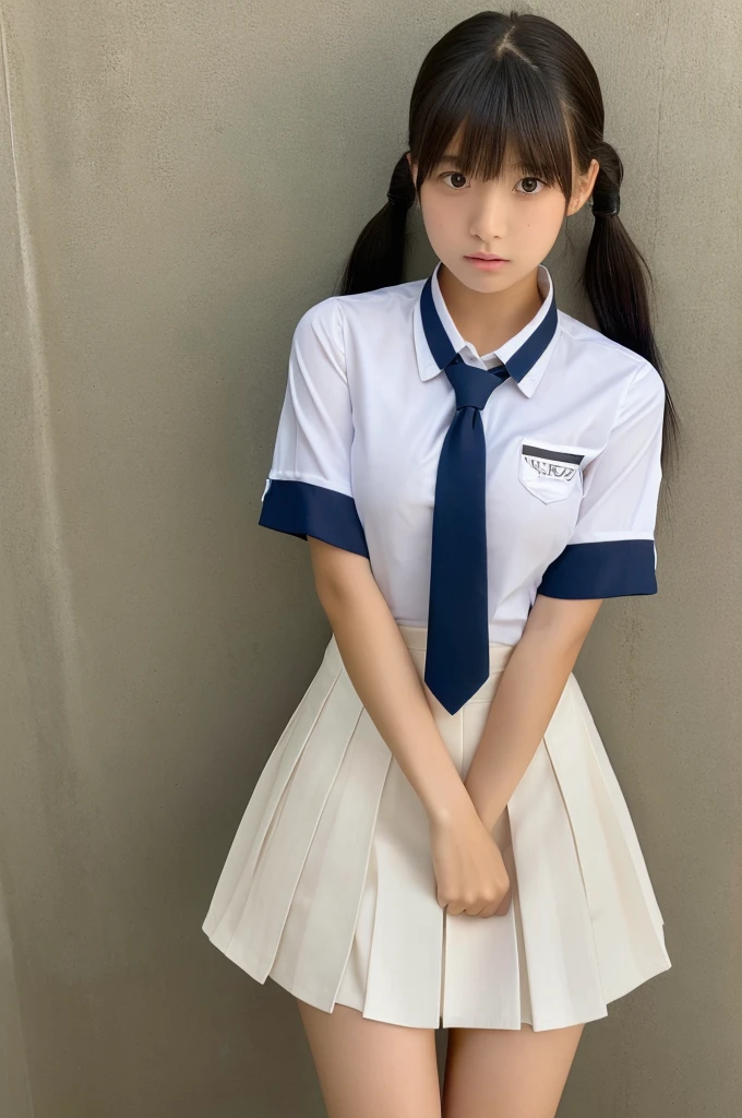 ((highest quality, masterpiece :1.3)), Photorealistic、Ultra-high resolution、Natural skin texture、Hyperrealism、Photograph from the knee up、12 year old beautiful Japanese girl、Twin tail hair、well-shaped breasts、White collared shirt and tie、mini skirt、Frightened expression