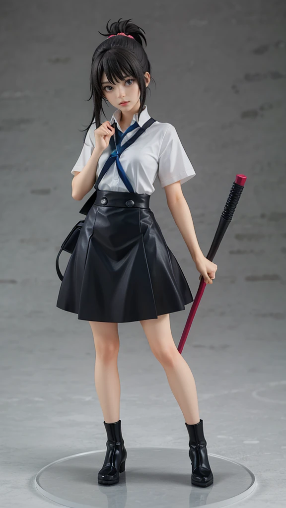 A realistic, high-detailed, full-body render of an anime-style girl ,She has long black hair tied in a high ponytail, expressive blue eyes,The background is a neutral, slightly textured grey,Audio Staff