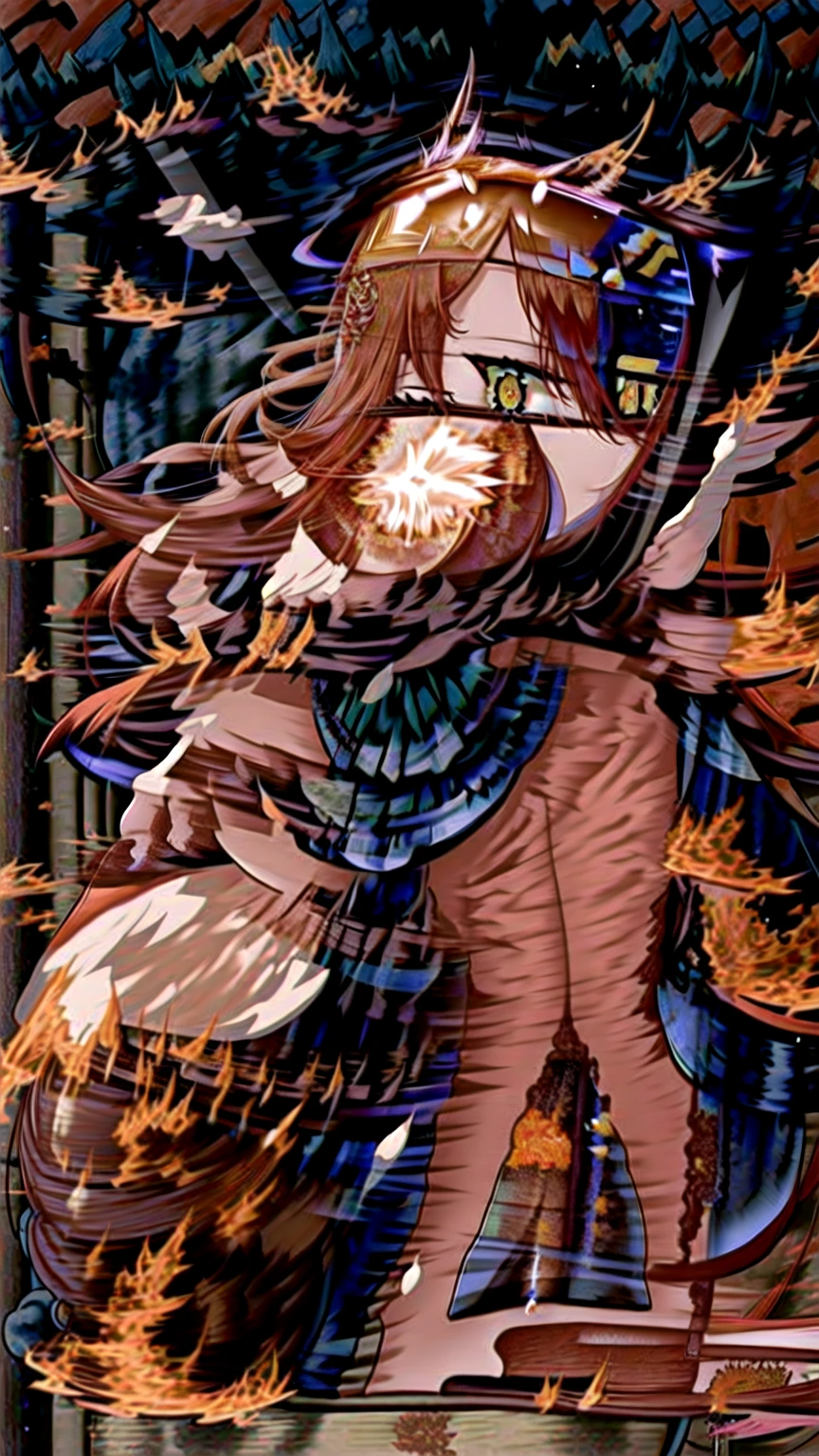 anime girl with red hair and a nine-fox tail standing in the rain, a beautiful fox lady, goddess of autumn, 8k high quality detailed art, bllodred-haired goddess, anime goddess, a beautiful kitsune woman, trending on artstation pixiv, beautiful alluring anime woman, wreathed in flame, fire goddess, holo if a wolf girl, from knights with sparkling blue-green eyes