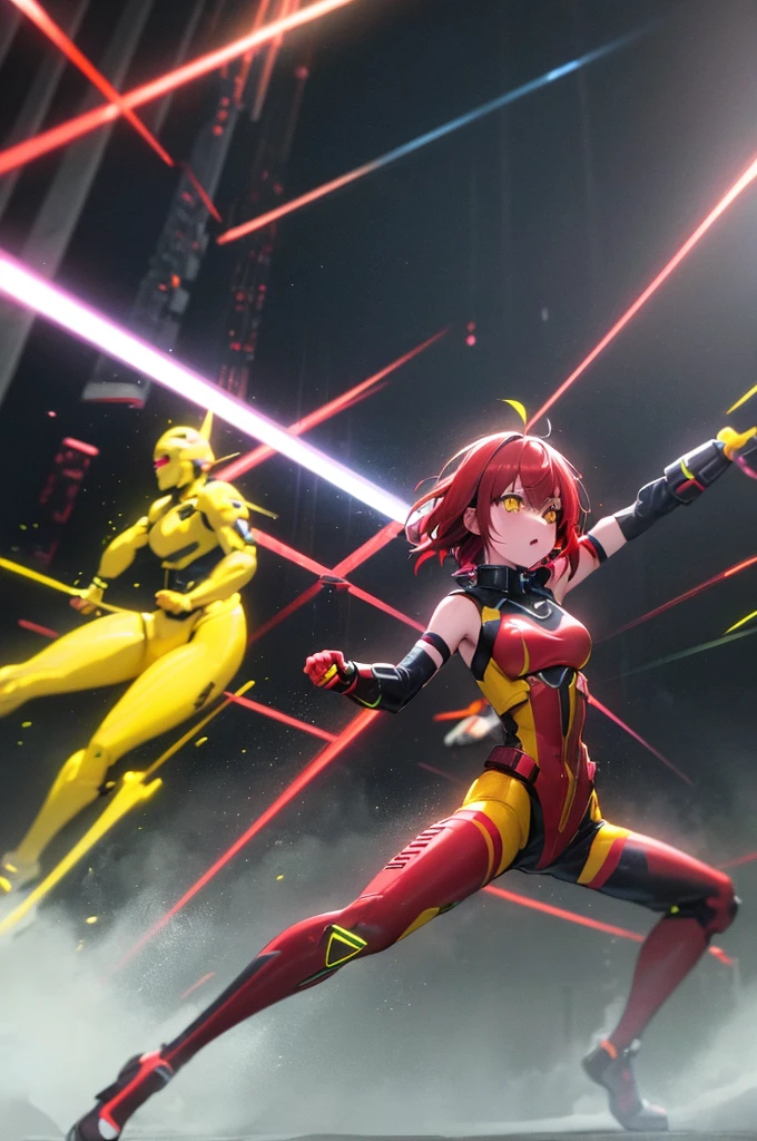Red Hair Yellow Eyes Bob 外はねBob Confused eyes Bob Red Hair Thick, vibrant red hair Bob whole body female性 female Cyberpunk Costume Yellow costume 黄色いCyberpunk Costume Dynamic pose battle electricity Bobヘア electricityを操る