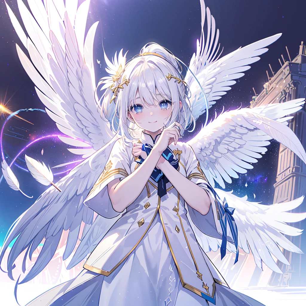 ((((Archangel、４Feathers、Angel Halo　Galaxy Background　Show the whole picture))))　(((uniform　White Hair、ponytail　White skin、Neon blue eyes、Pop stareteors)))　((Pillar of Light))　(Tears　smile)　Shining Edge、Shining Background
