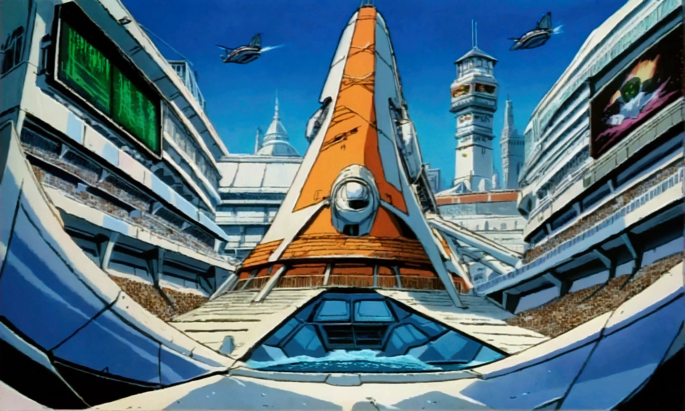 high resolution,80SF anime painting from the 1980s,background,Stadium,Airship with advertising monitor,noon,City,16:9,building,Slam
